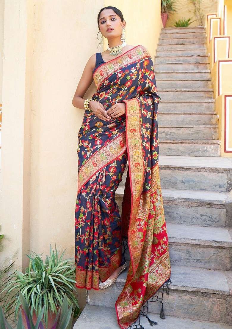 Navy Blue Printed Blended Saree Set for Diwali and Festive Wear - Indya