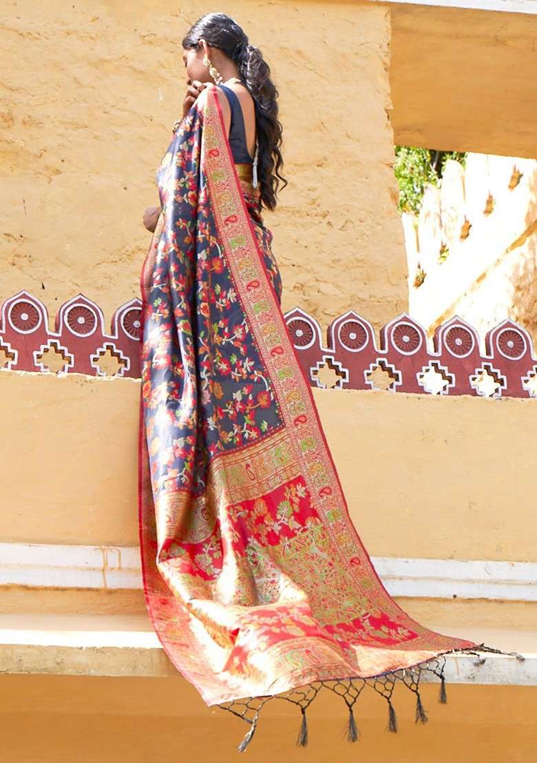 Navy Blue Printed Blended Saree Set for Diwali and Festive Wear - Indya