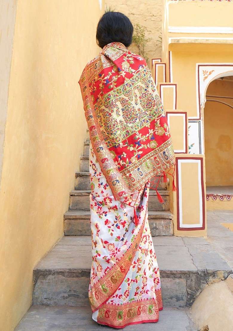 White Blended Saree Set with Embroidered for Diwali | Wedding & Festive Wear - Indya
