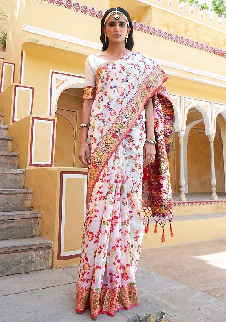 White Blended Saree Set with Embroidered for Diwali | Wedding & Festive Wear - Indya