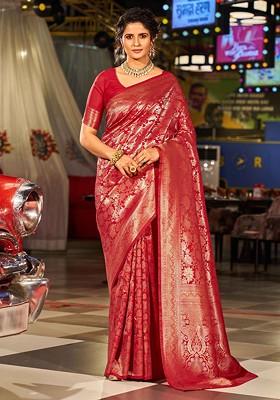 Red Embroidered Blended Saree Set