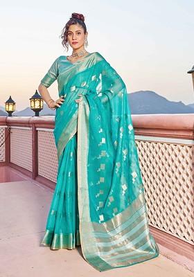 Turquoise Blue Embroidered Blended Saree Set