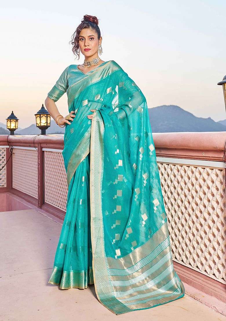 Turquoise Blue Embroidered Blended Saree Set - Indya