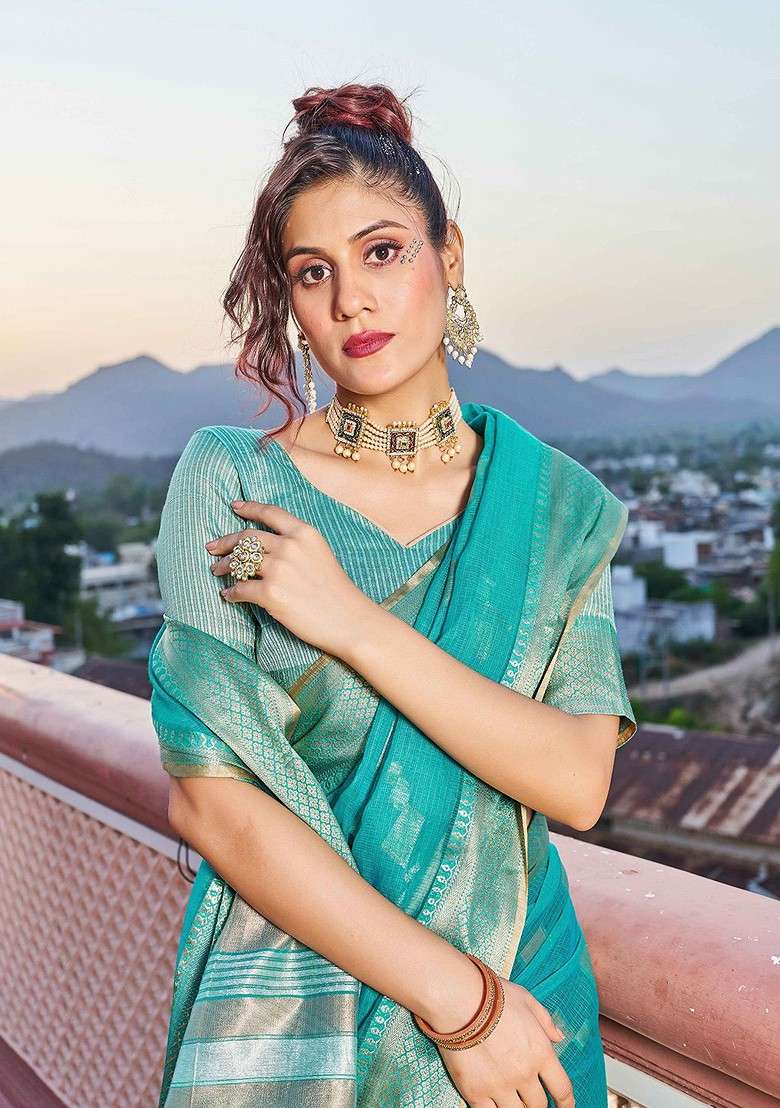 Turquoise Blue Embroidered Blended Saree Set - Indya