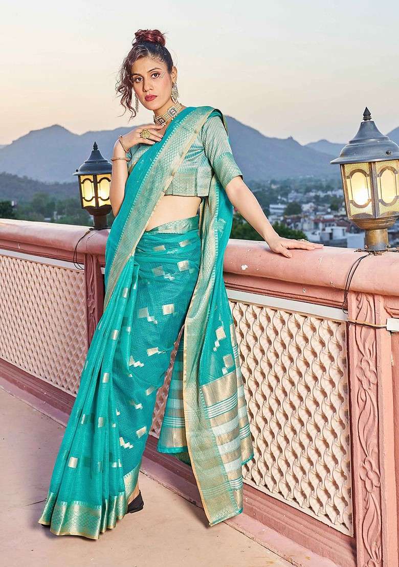 Turquoise Blue Embroidered Blended Saree Set - Indya
