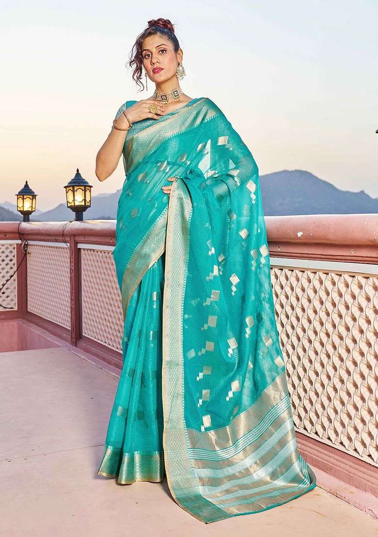 Turquoise Blue Embroidered Blended Saree Set - Indya