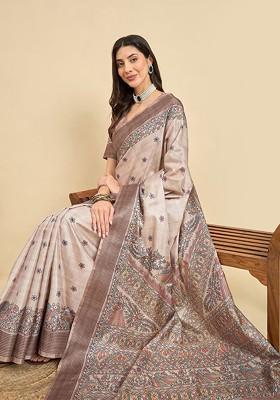 Beige Printed Blended Saree Set