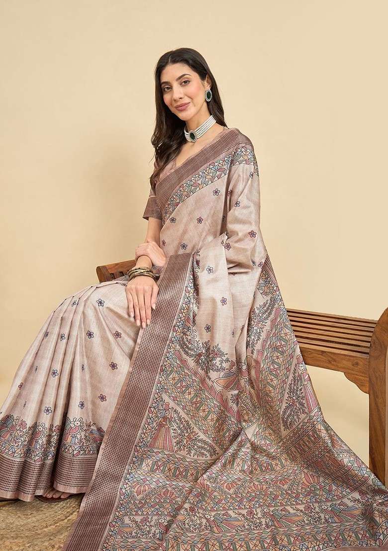 Beige Blended Saree Set with Printed for Diwali | Wedding & Festive Wear - Indya