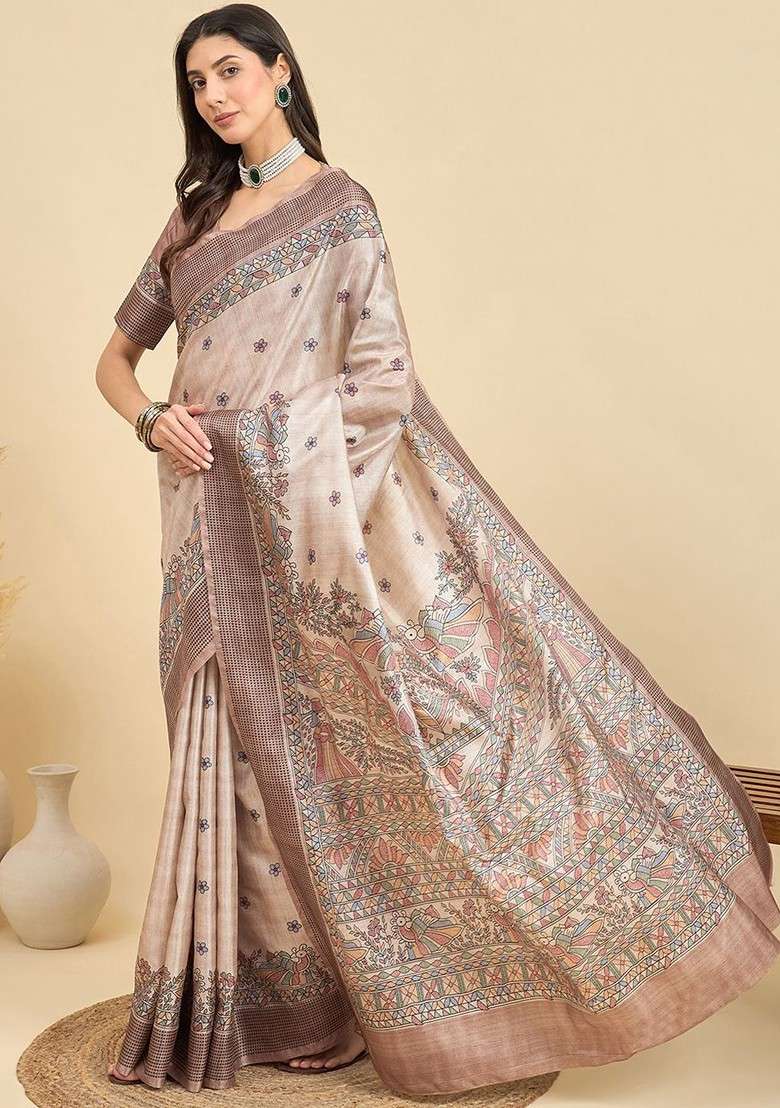 Beige Blended Saree Set with Printed for Diwali | Wedding & Festive Wear - Indya