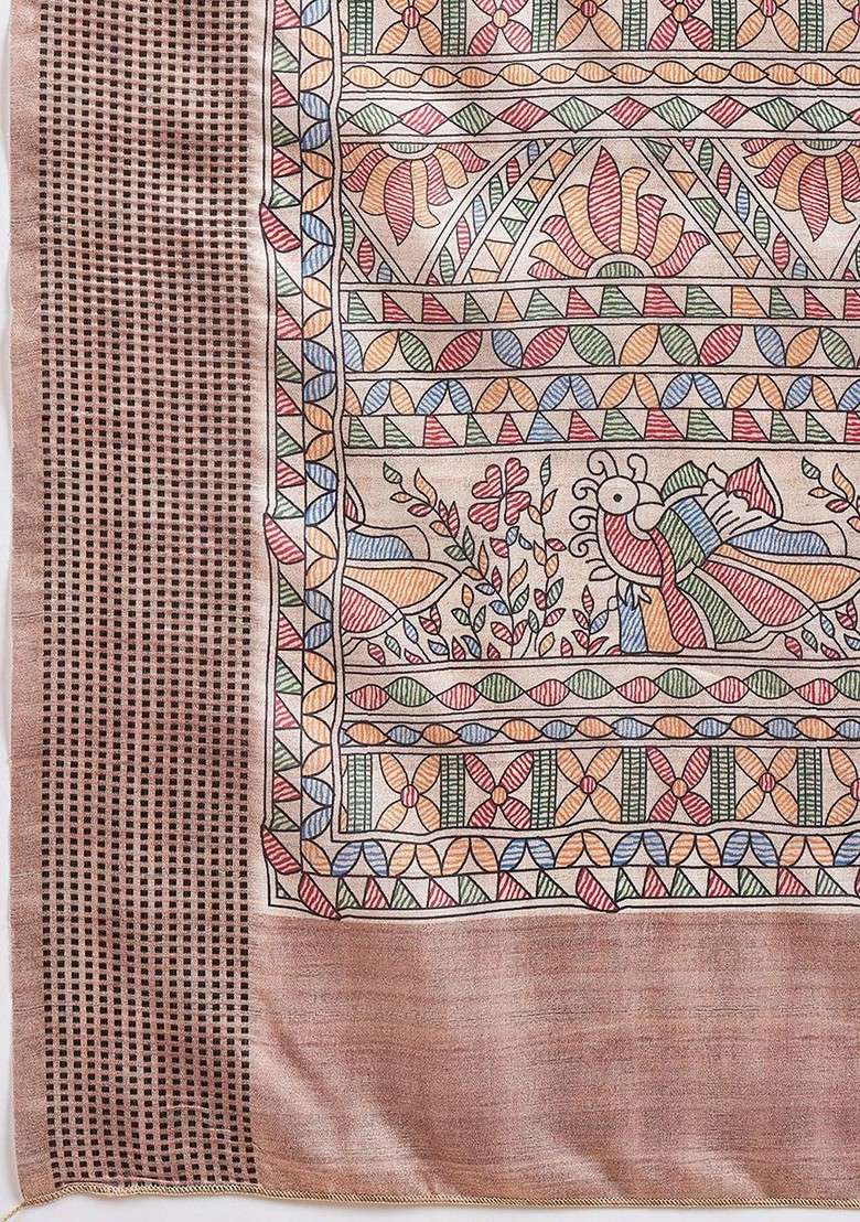 Beige Blended Saree Set with Printed for Diwali | Wedding & Festive Wear - Indya