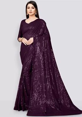 Purple Embellished Blended Saree Set