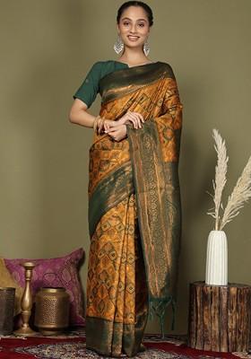 Mustard Embroidered Blended Saree Set