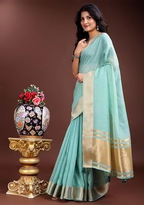 Turquoise Blue Embroidered Blended Saree Set