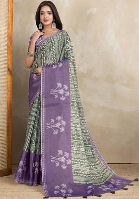 Green Embroidered Blended Saree Set