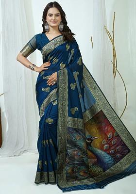 Blue Embroidered Blended Saree Set