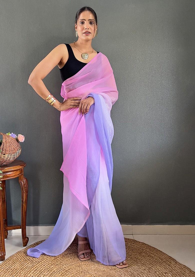 Blue Embroidered Blended Saree Set - Indya