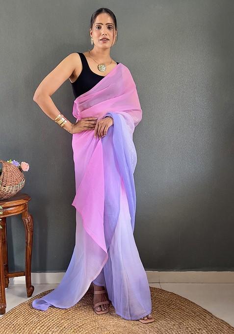 Blue Embroidered Blended Saree Set