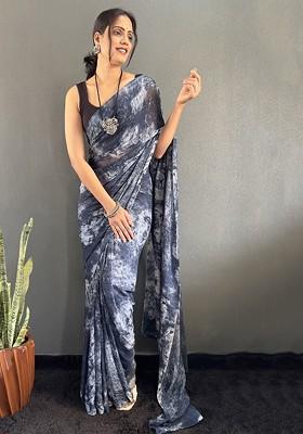 Grey Embroidered Blended Saree Set