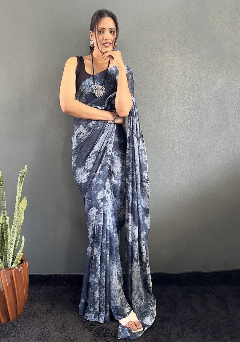 Grey Embroidered Blended Saree Set - Indya