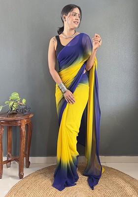 Yellow Embroidered Blended Saree Set