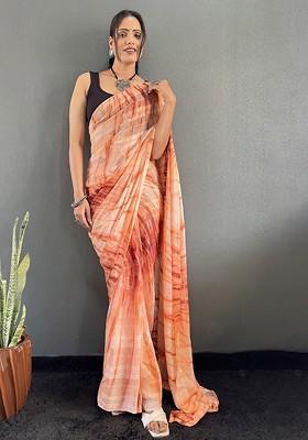 Orange Embroidered Blended Saree Set
