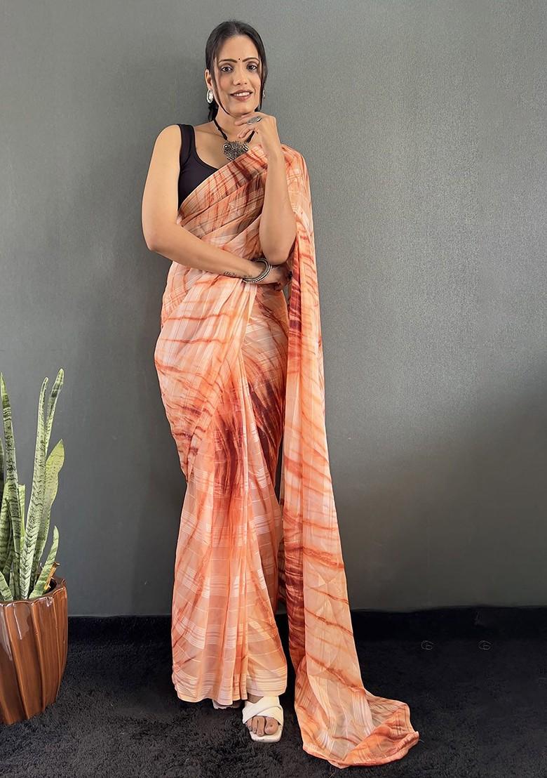 Orange Embroidered Blended Saree Set - Indya