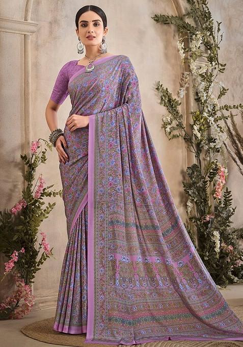 Lavender Printed Blended Saree Set
