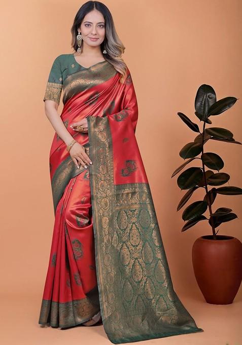 Red Jacquard Blended Saree Set — view on Indya