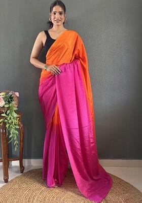 Orange Embroidered Blended Saree Set