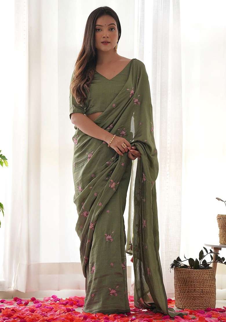 Olive Printed Blended Saree Set for Diwali and Festive Wear - Indya