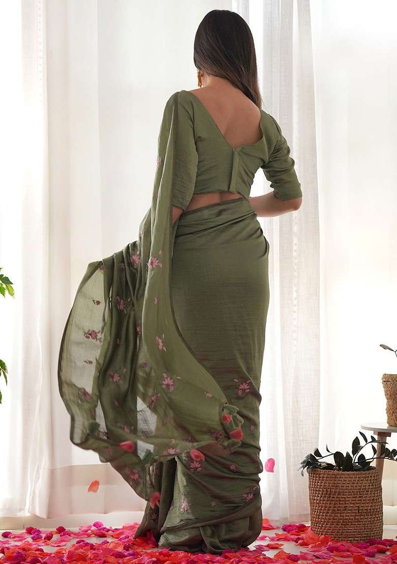 Olive Printed Blended Saree Set for Diwali and Festive Wear - Indya