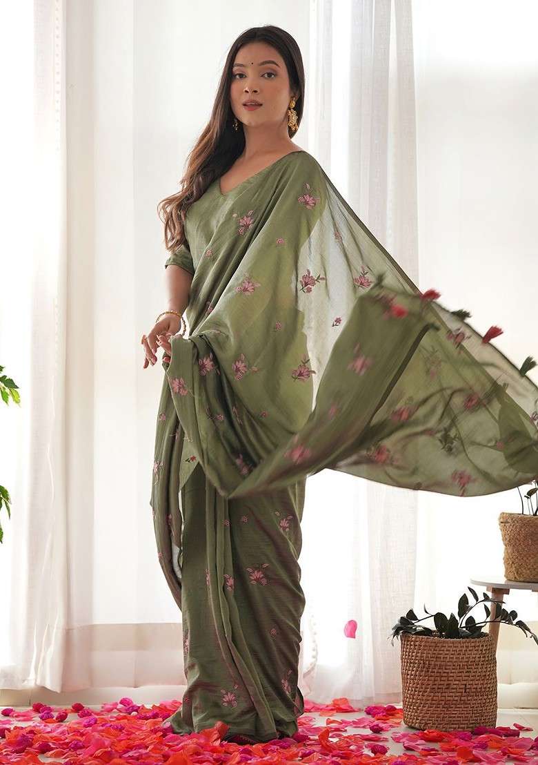 Olive Printed Blended Saree Set for Diwali and Festive Wear - Indya