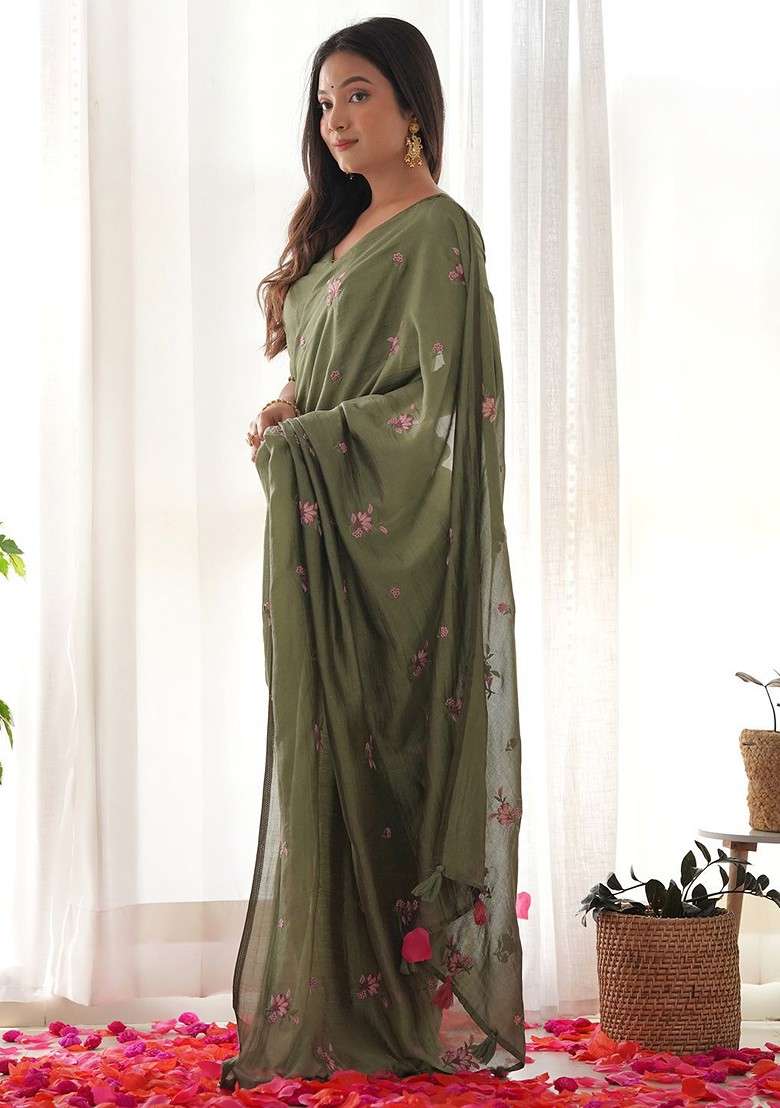 Olive Printed Blended Saree Set for Diwali and Festive Wear - Indya