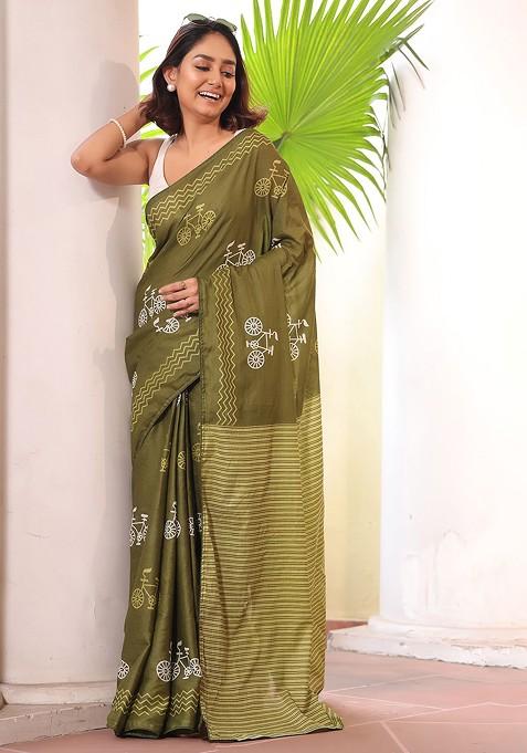 Green Bagru Printed Blended Saree Set