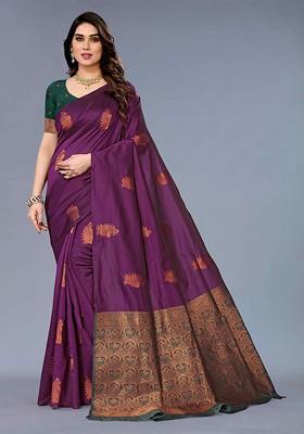 Purple Embroidered Blended Saree Set