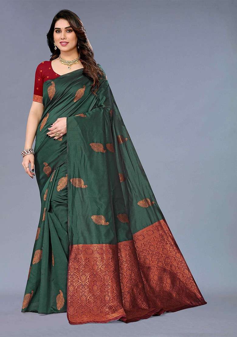 Green Embroidered Blended Saree Set - Indya