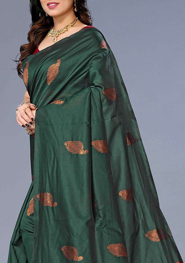 Green Embroidered Blended Saree Set - Indya
