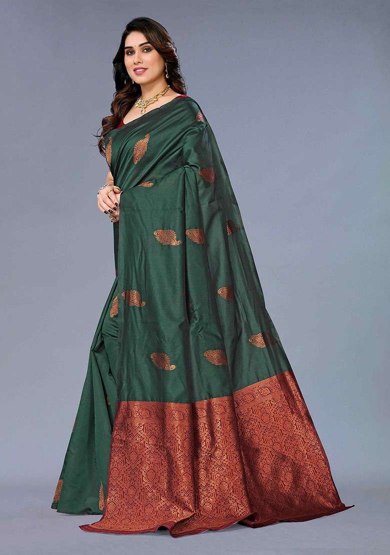 Green Embroidered Blended Saree Set - Indya