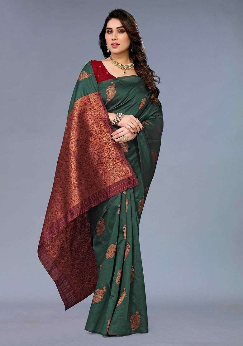 Green Embroidered Blended Saree Set - Indya