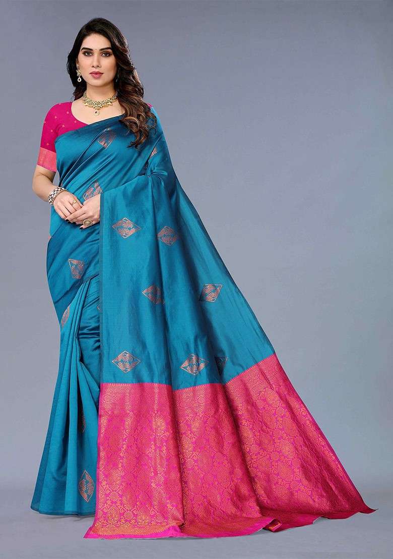 Blue Embroidered Blended Saree Set - Indya