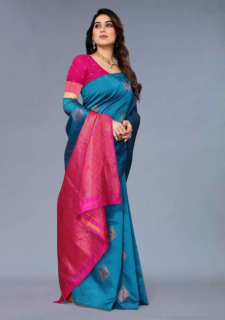 Blue Embroidered Blended Saree Set - Indya
