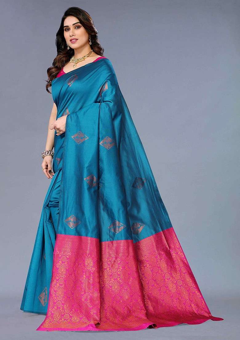 Blue Embroidered Blended Saree Set - Indya