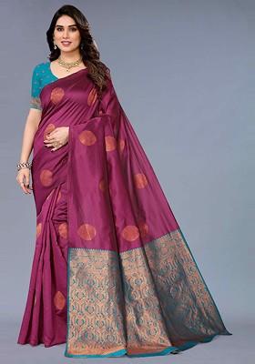 Purple Embroidered Blended Saree Set