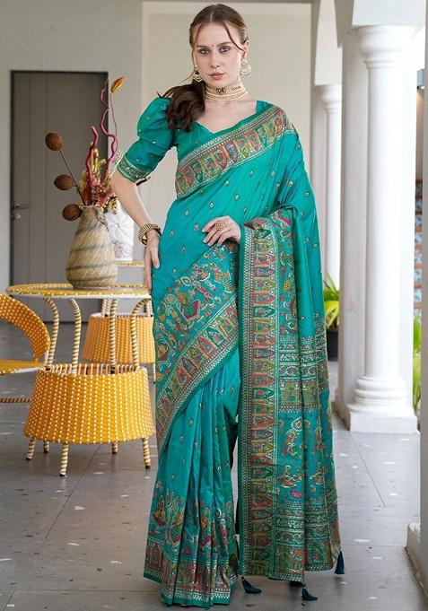 Teal Embroidered Blended Saree Set