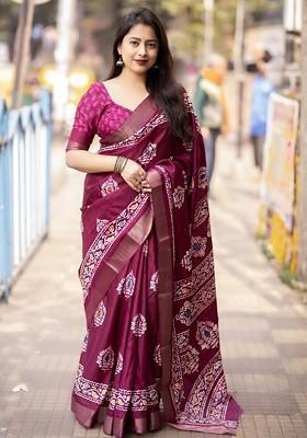 Magenta Embroidered Blended Saree Set