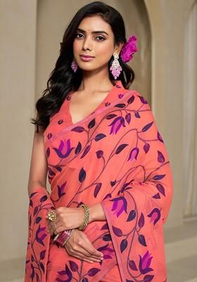 Orange Embroidered Blended Saree Set