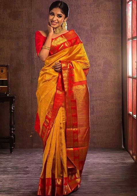 Yellow Jacquard Blended Saree Set
