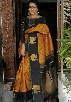 Yellow Jacquard Blended Saree Set