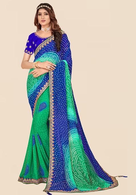 Blue Printed Blended Saree Set