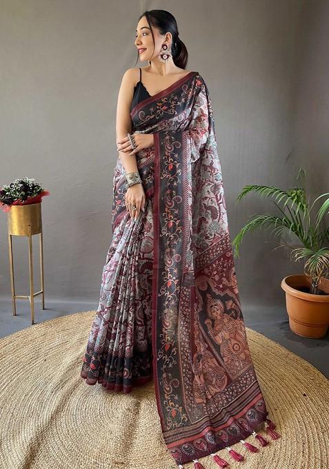 Grey Printed Blended Saree Set